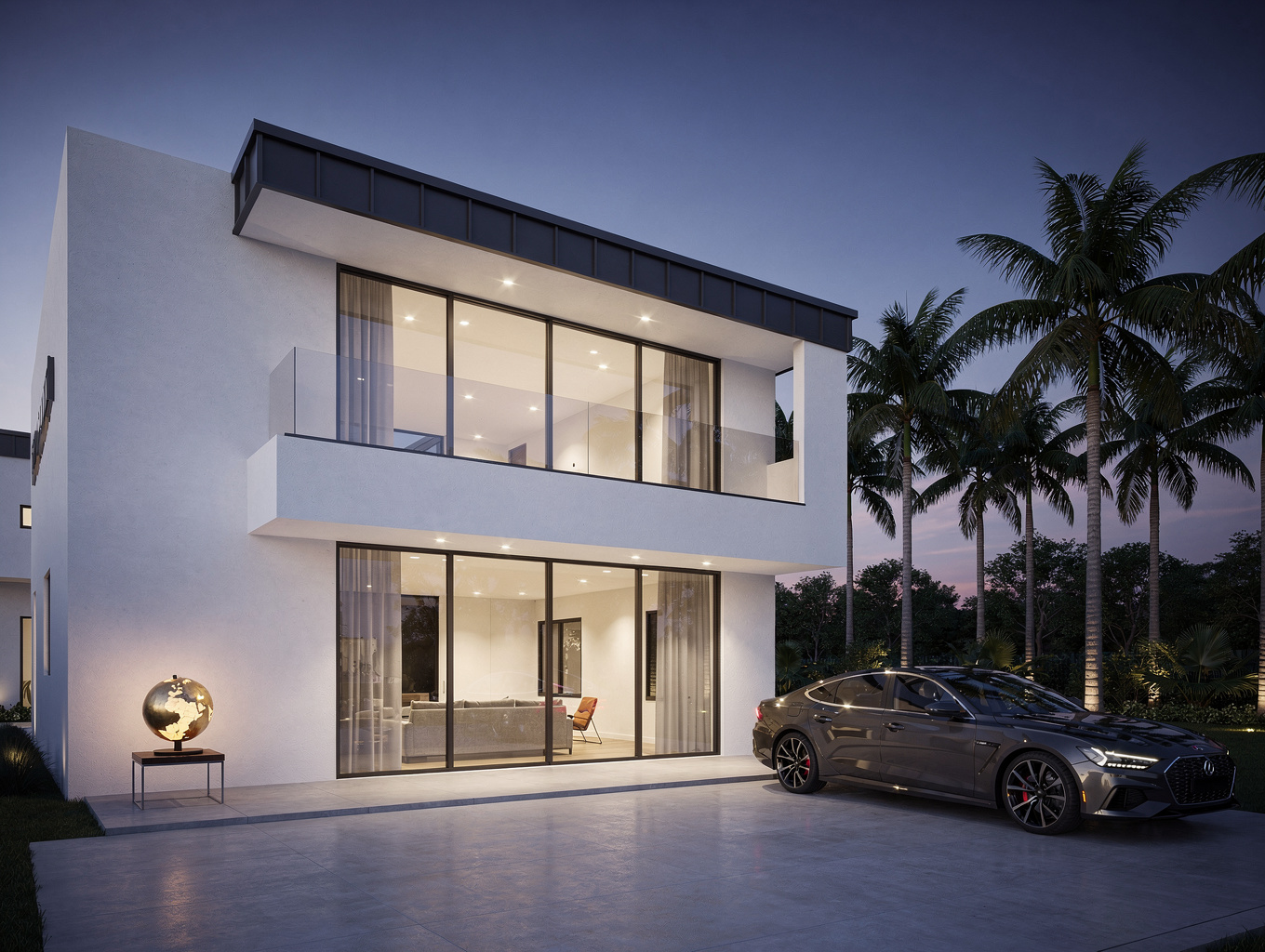 High-end Florida estate architecture at dusk with warm interior lighting